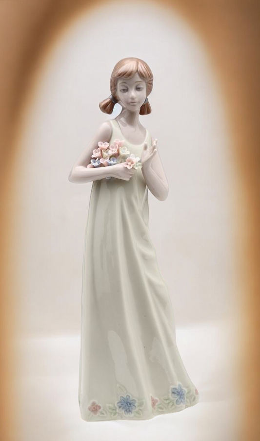 Ceramic Lady in Dress Holding Flowers Figurine Home Decor Gift for Her Gift for Mom - Figurine