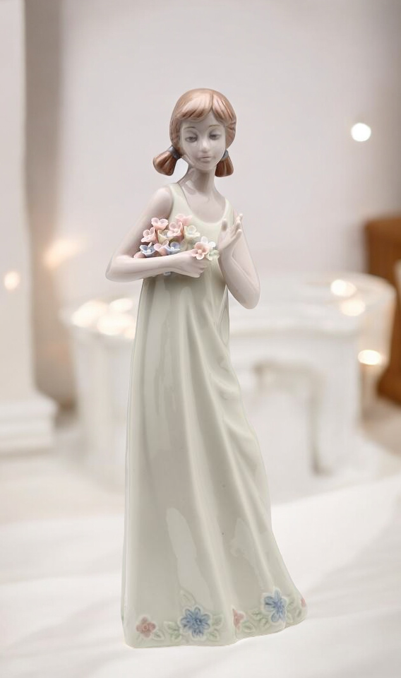 Ceramic Lady in Dress Holding Flowers Figurine Home Decor Gift for Her Gift for Mom - Figurine