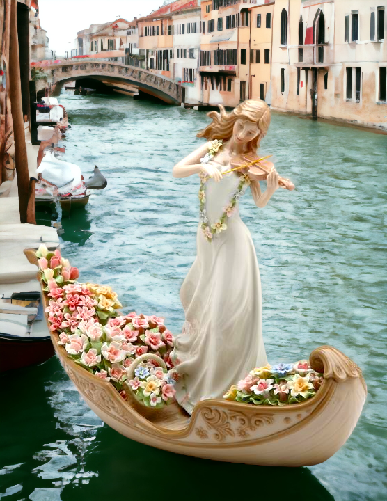 Ceramic Lady Playing Violin on Venice Gondola with Flowers Figurine Home Décor Gift for Her Gift for Mom Nature Lover