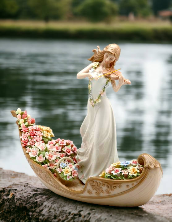 Ceramic Lady Playing Violin on Venice Gondola with Flowers Figurine Home Décor Gift for Her Gift for Mom Nature Lover