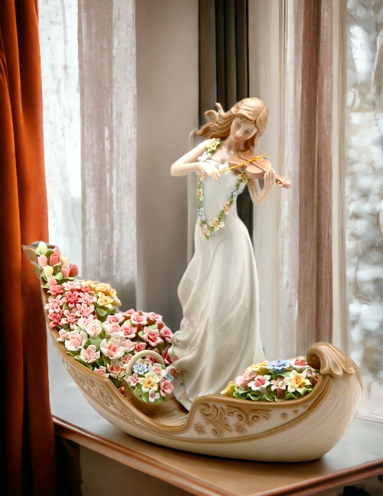 Ceramic Lady Playing Violin on Venice Gondola with Flowers Figurine Home Décor Gift for Her Gift for Mom Nature Lover