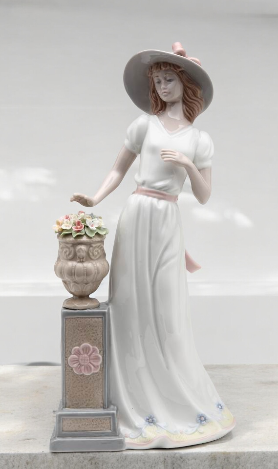 Ceramic Lady Standing Next To Pot of Flowers Figurine Home Decor Gift for Her Gift for Mom - Figurine