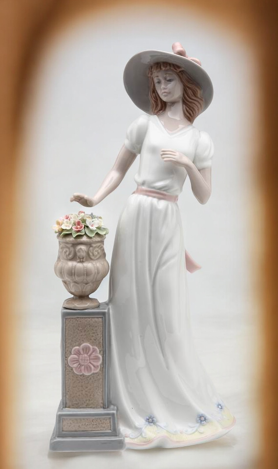 Ceramic Lady Standing Next To Pot of Flowers Figurine Home Decor Gift for Her Gift for Mom - Figurine