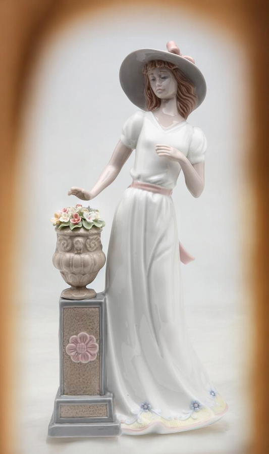 Ceramic Lady Standing Next To Pot of Flowers Figurine Home Decor Gift for Her Gift for Mom - Figurine