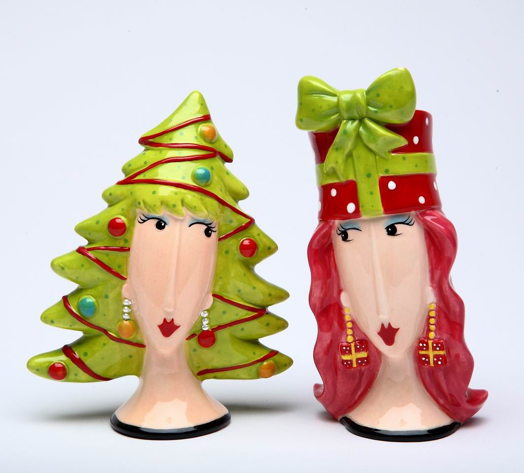 Ceramic Lady Wigs Christmas Tree And Gift Salt & Pepper Shakers Gift for Her or Mom Gift for Friend Gift for Coworker