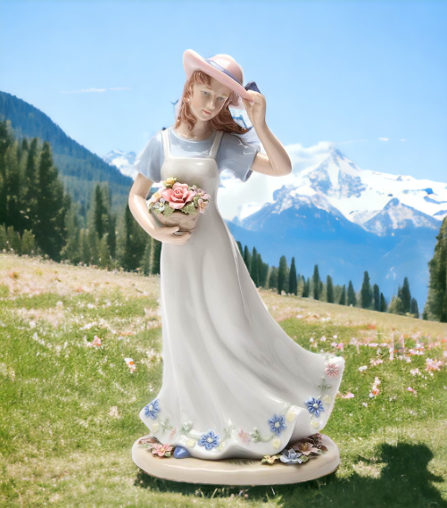 Ceramic Lady with Flower Basket Figurine Home Décor Gift for Her Gift for Mom Nature Lover Gift - Figurines