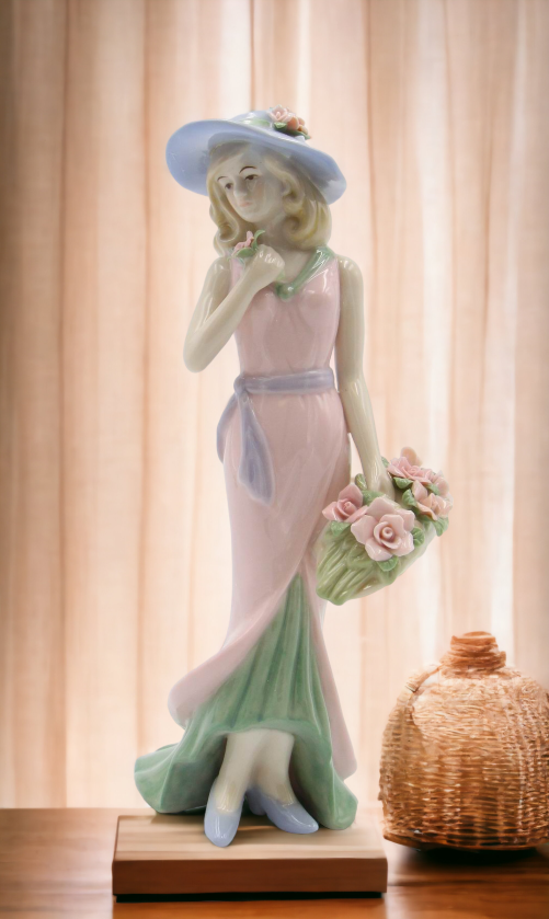 Ceramic Lady With Rose Basket In Pink Dress Figurine Home Décor Gift for Her Gift for Mom Nature Lover Gift Vintage