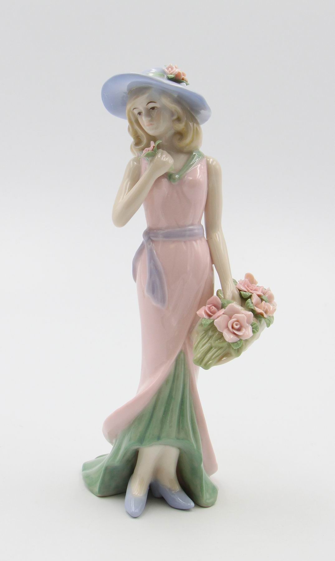 Ceramic Lady With Rose Basket In Pink Dress Figurine Home Décor Gift for Her Gift for Mom Nature Lover Gift Vintage