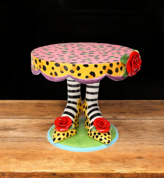 Ceramic Large Cake Stand - Leopard Print Heels with Red Rose Flowers Kitchen Decor Cafe Decor Birthday Party Decor