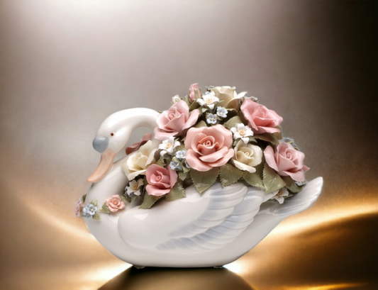 Ceramic Large Swan With Flowers Music Box Home Décor Gift for Her Gift for Mom Wedding Gift - Music box
