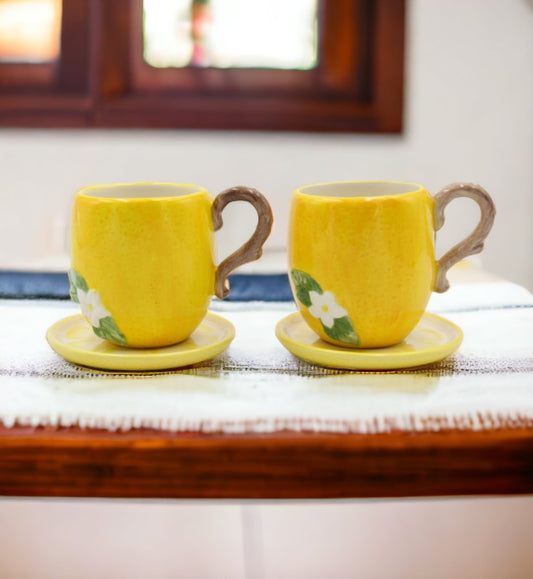 Ceramic Lemon Cup And Saucer Set-2 Sets Gift for Her Gift for Mom Gift for Friend or Coworker Tea Party Décor Café