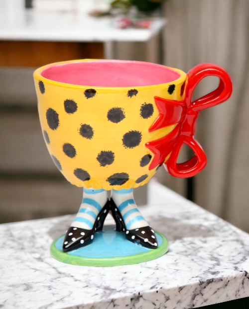 Ceramic Leopard Print Cup With Red Bow On Black Heels Home Décor Gift for Her Mom Friend or Coworker Kitchen Décor