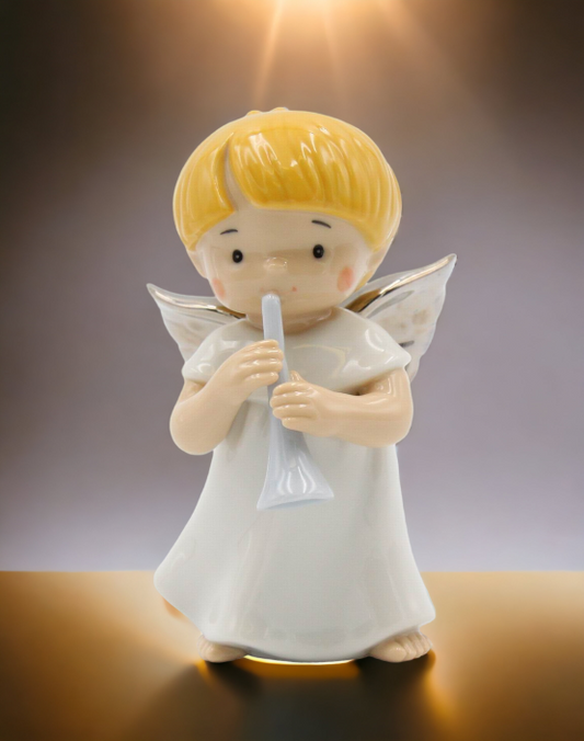 Ceramic Little Angel Playing Trumpet Figurine Home Décor Religious Décor Religious Gift Church Décor Baptism Gift