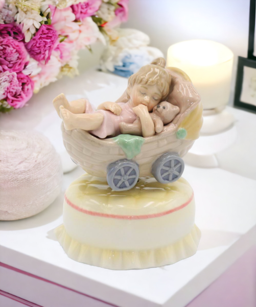 Ceramic Little Girl in Baby Stroller Music Box Gift for New Mom Nursery Room Decor Home Decor Baby Shower Gift - Music
