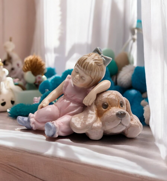 Ceramic Little Girl Sleeping on Dog Figurine Dog Lover Gift Pet Loss Gift Kids’ Room Decor - Figurine
