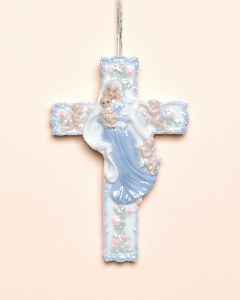 Ceramic Madonna with Baby Jesus on Cross Wall Decor Religious Gift or Decor Baptism Gift - wall decor