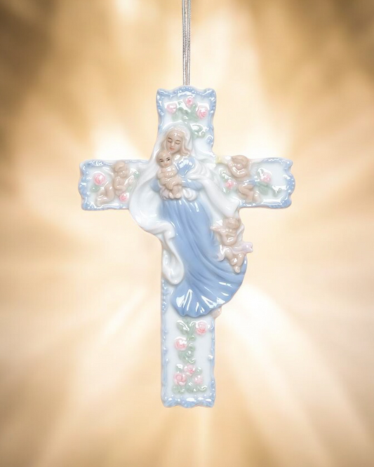 Ceramic Madonna with Baby Jesus on Cross Wall Decor Religious Gift or Decor Baptism Gift - wall decor