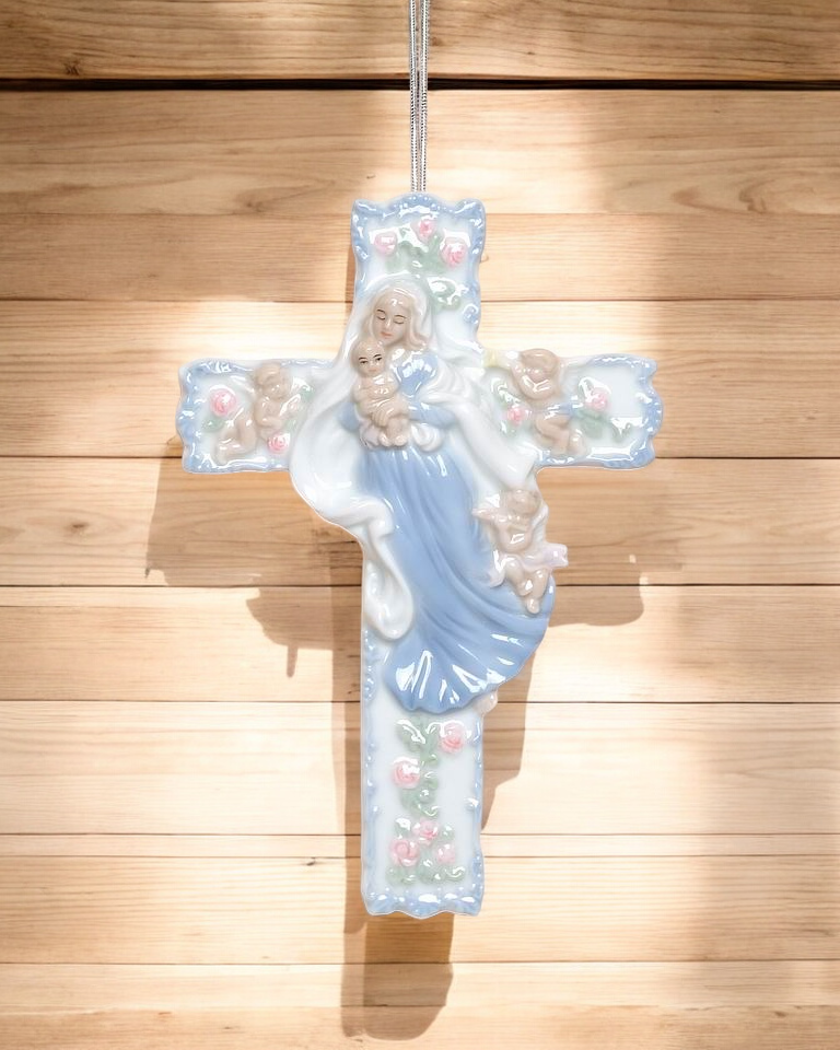 Ceramic Madonna with Baby Jesus on Cross Wall Decor Religious Gift or Decor Baptism Gift - wall decor