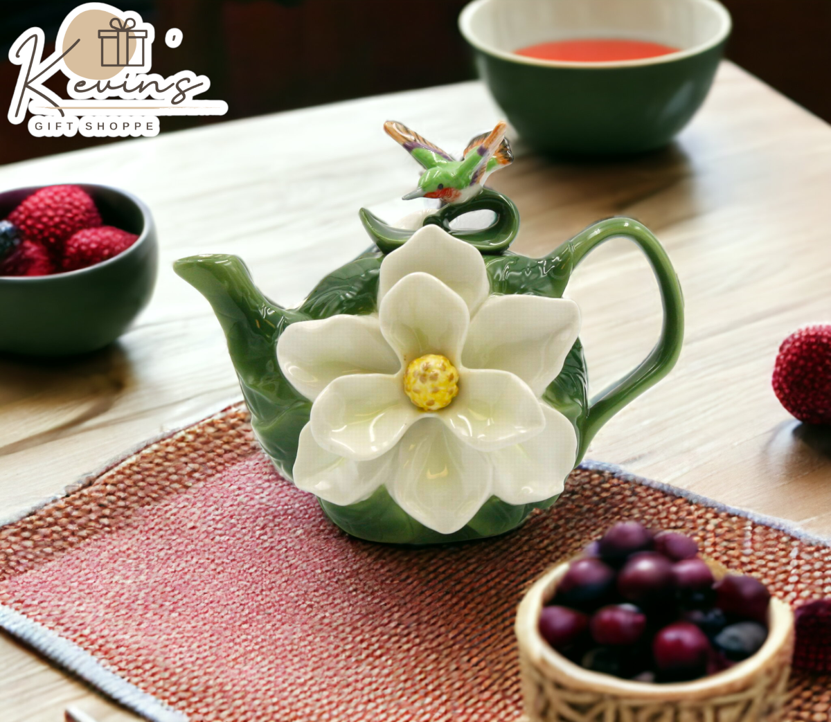 Ceramic Magnolia Flower with Hummingbird Teapot Gift for Her Gift for Mom Tea Party Décor Café Décor - teapot