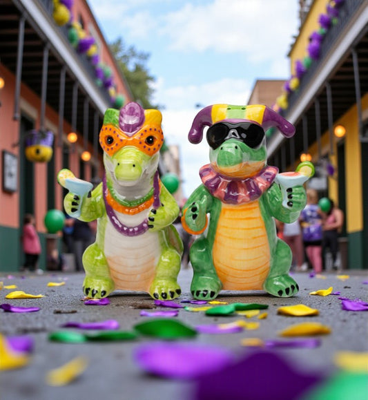 Ceramic Mardi Gras Crocodiles Salt and Pepper Shakers Festive Decor Kitchen Decor Gift for Her - Salt & Pepper Shakers