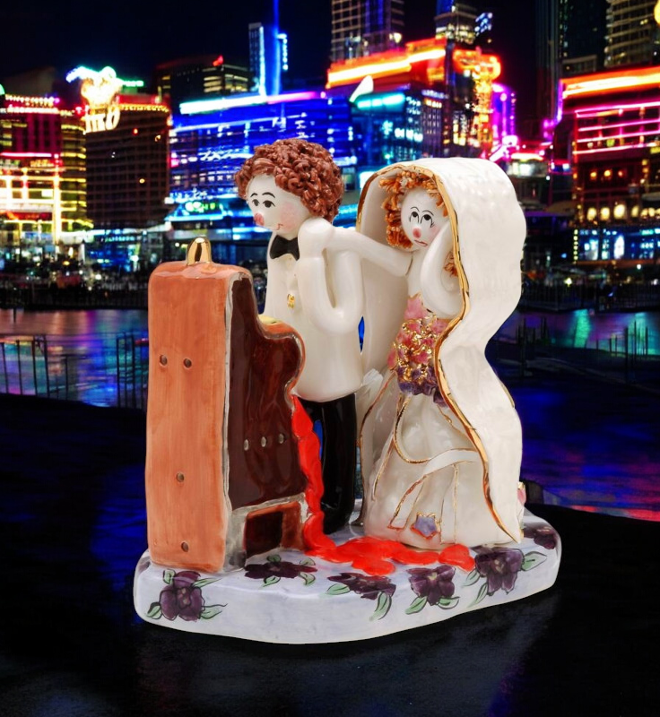 Ceramic Married in Vegas Figurine Bride and Groom with Slot Machine Wedding Decor Wedding Gift - Figurine
