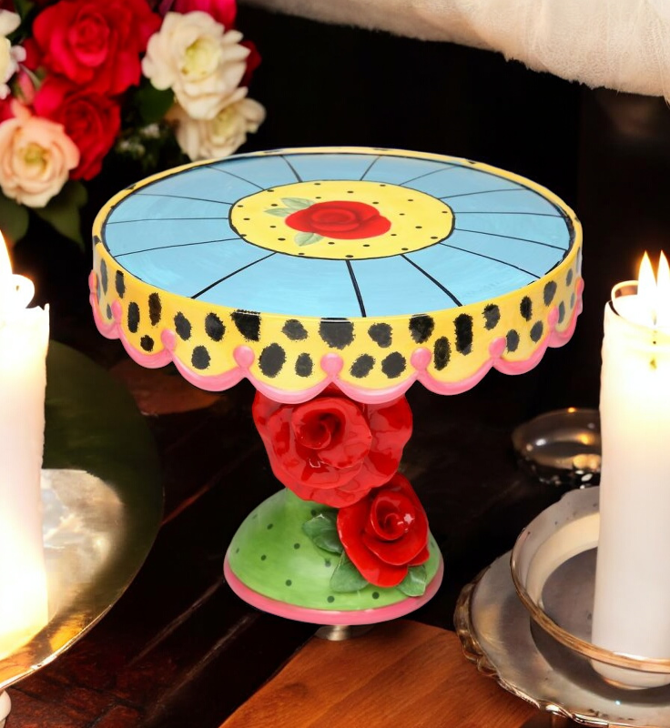 Ceramic Medium Cake Stand Leopard Print with Red Rose Flowers Birthday Party Decor Wedding Decor Cafe Decor - cake stand
