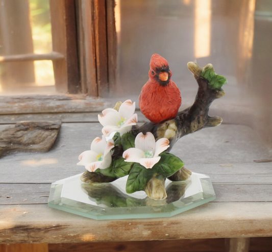 Ceramic Mini Cardinal Bird on Glass Base Figurine Birdwatcher Gift Gift for Her Gift for Mom Home Decor - Figurine
