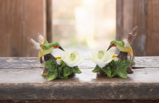 Ceramic Mini Hummingbird with Magnolia Flower Candle Holder (Set of 2) Table Decor Gift for Her Gift for Mom