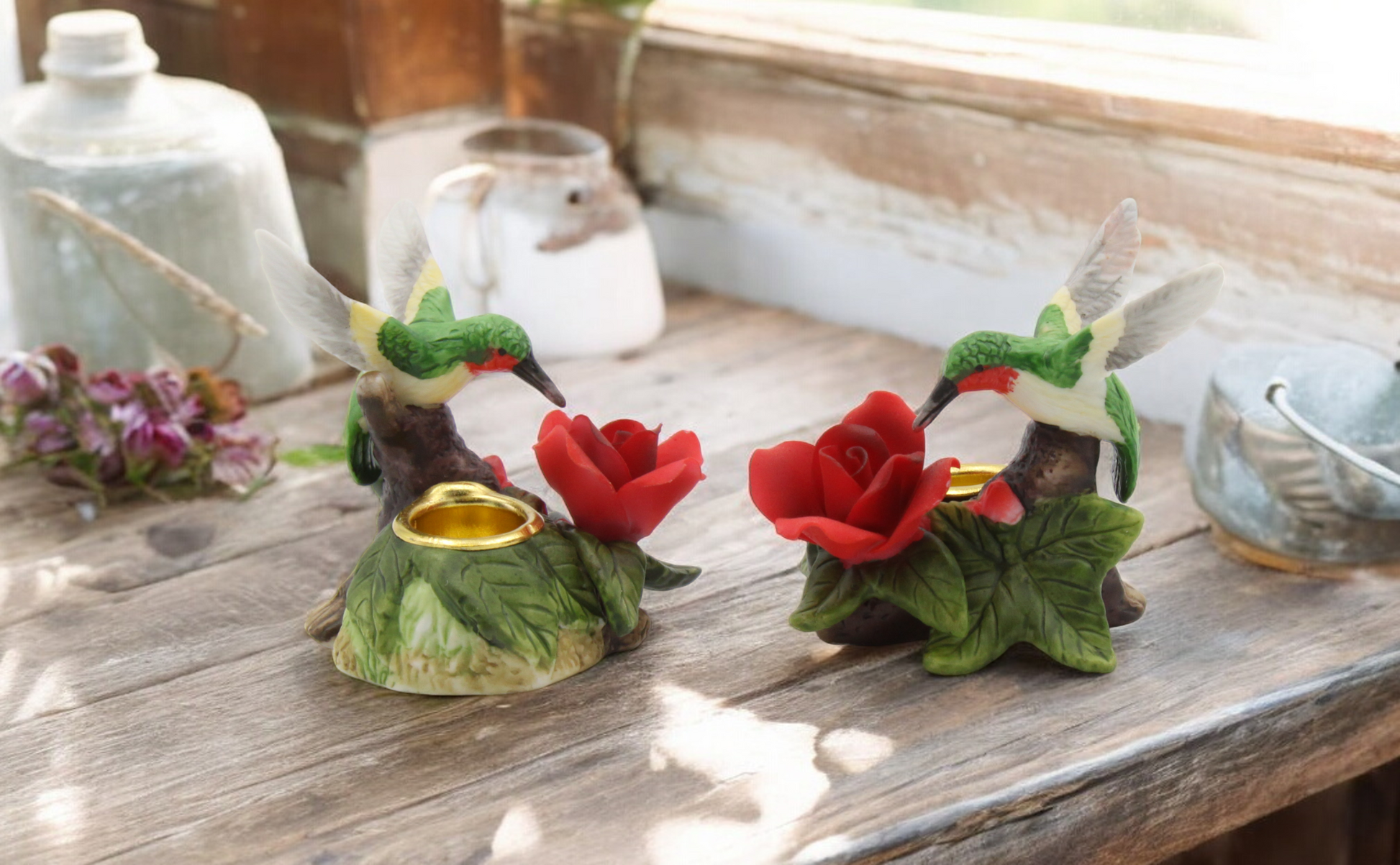 Ceramic Mini Hummingbird with Red Rose Flower Candle Holder (Set of 2) Birdwatcher Gift Home Decor Table Decor Gift