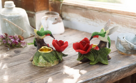 Ceramic Mini Hummingbird with Red Rose Flower Candle Holder (Set of 2) Birdwatcher Gift Home Decor Table Decor Gift