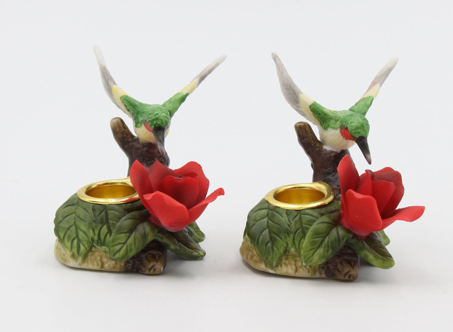 Ceramic Mini Hummingbird with Red Rose Flower Candle Holder (Set of 2) Birdwatcher Gift Home Decor Table Decor Gift