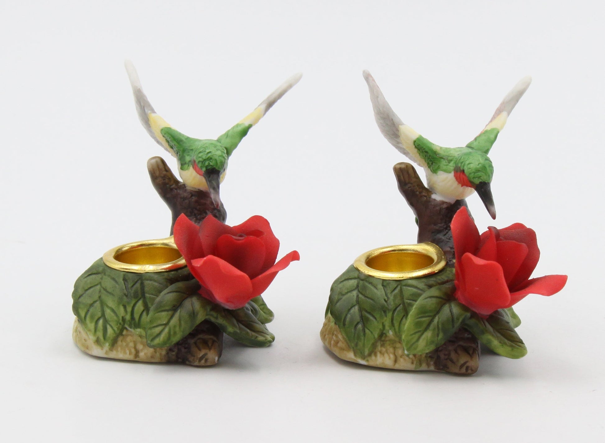 Ceramic Mini Hummingbird with Red Rose Flower Candle Holder (Set of 2) Birdwatcher Gift Home Decor Table Decor Gift