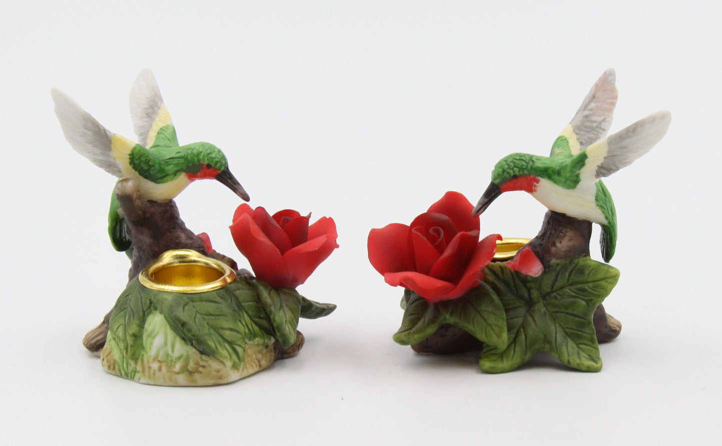 Ceramic Mini Hummingbird with Red Rose Flower Candle Holder (Set of 2) Birdwatcher Gift Home Decor Table Decor Gift