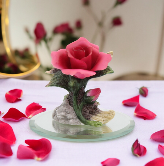 Ceramic Mini Marve Rose Flower on Glass Base Figurine Gift for Her Gift for Mom Home Decor - Figurine