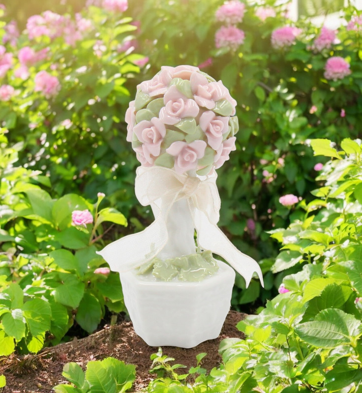 Ceramic Mini Pink Rose Flower Topiary Figurine Wedding Decor Gift for Her Gift for Mom - Figurine