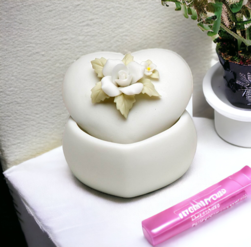 Ceramic Mini Size Heart Shape Jewelry Box with Pink Rose Home Décor Gift for Her Mom Nature Lover Gift Wedding Gift