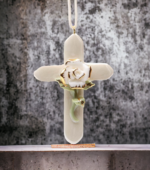 Ceramic Mini White Rose Cross with Golden Accents Wall Decor Religious Décor or Necklace Pendant Religious Baptism Gift