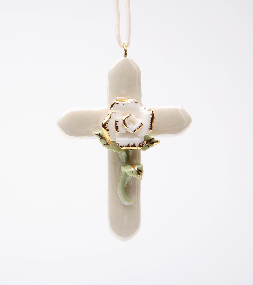 Ceramic Mini White Rose Cross with Golden Accents Wall Decor Religious Décor or Necklace Pendant Religious Baptism Gift