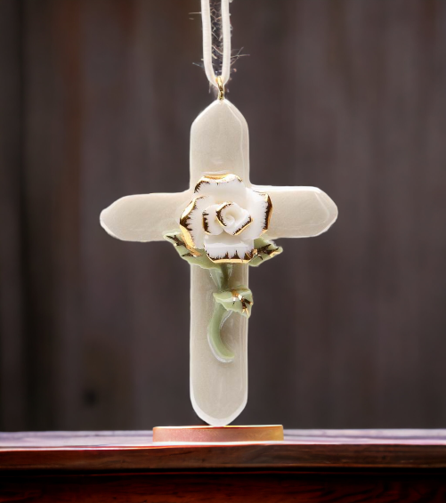 Ceramic Mini White Rose Cross with Golden Accents Wall Decor Religious Décor or Necklace Pendant Religious Baptism Gift