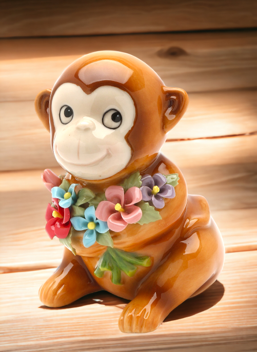Ceramic Monkey with Flowers Figurine Home Décor Gift for Her Gift for Mom Nature Lover Gift Gift for Daughter - Figurine