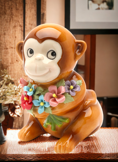 Ceramic Monkey with Flowers Figurine Home Décor Gift for Her Gift for Mom Nature Lover Gift Gift for Daughter - Figurine