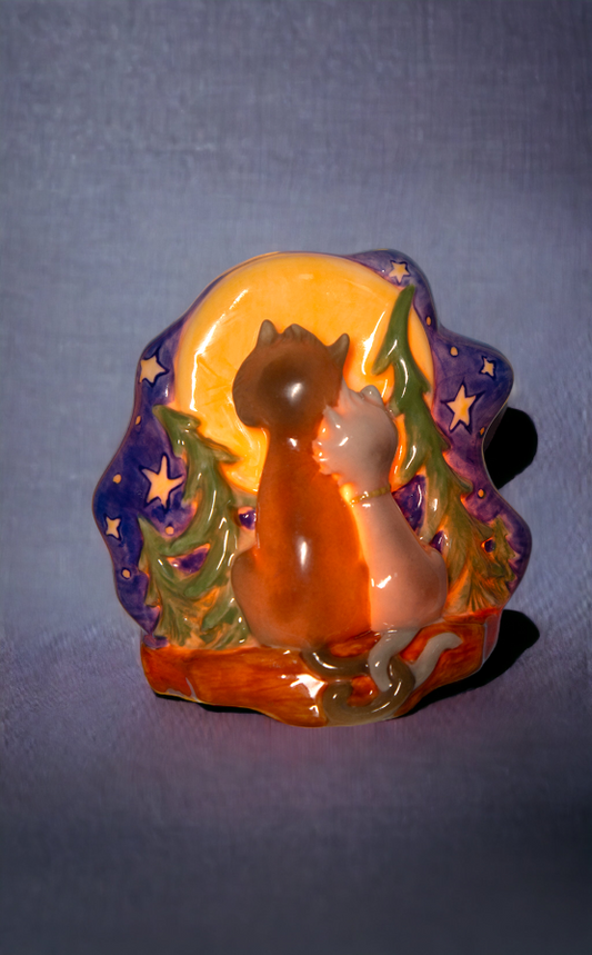 Ceramic Moon-Gazing Loving Cats Plug-In Nightlight Home Décor Nursery Room Décor Baby Registry Gift Cat Lover Gift
