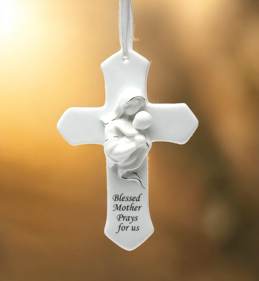 Ceramic Mother & Child on Cross Wall Decor Religious Gift Religious Decor Gift for Her - wall decor
