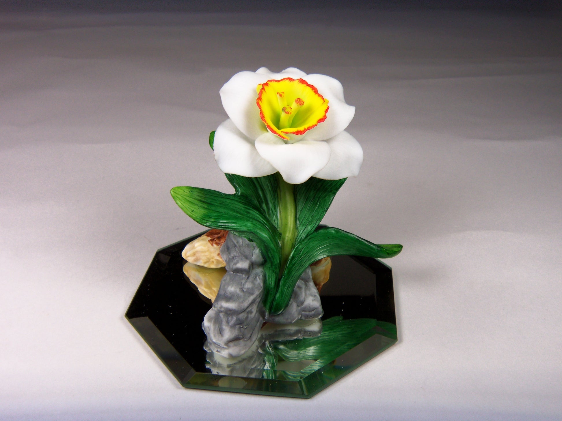 Ceramic Narcissus Flower on Glass Base Figurine Home Decor Gift for Her Gift for Mom - Figurine