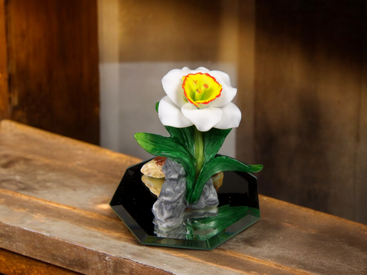 Ceramic Narcissus Flower on Glass Base Figurine Home Decor Gift for Her Gift for Mom - Figurine