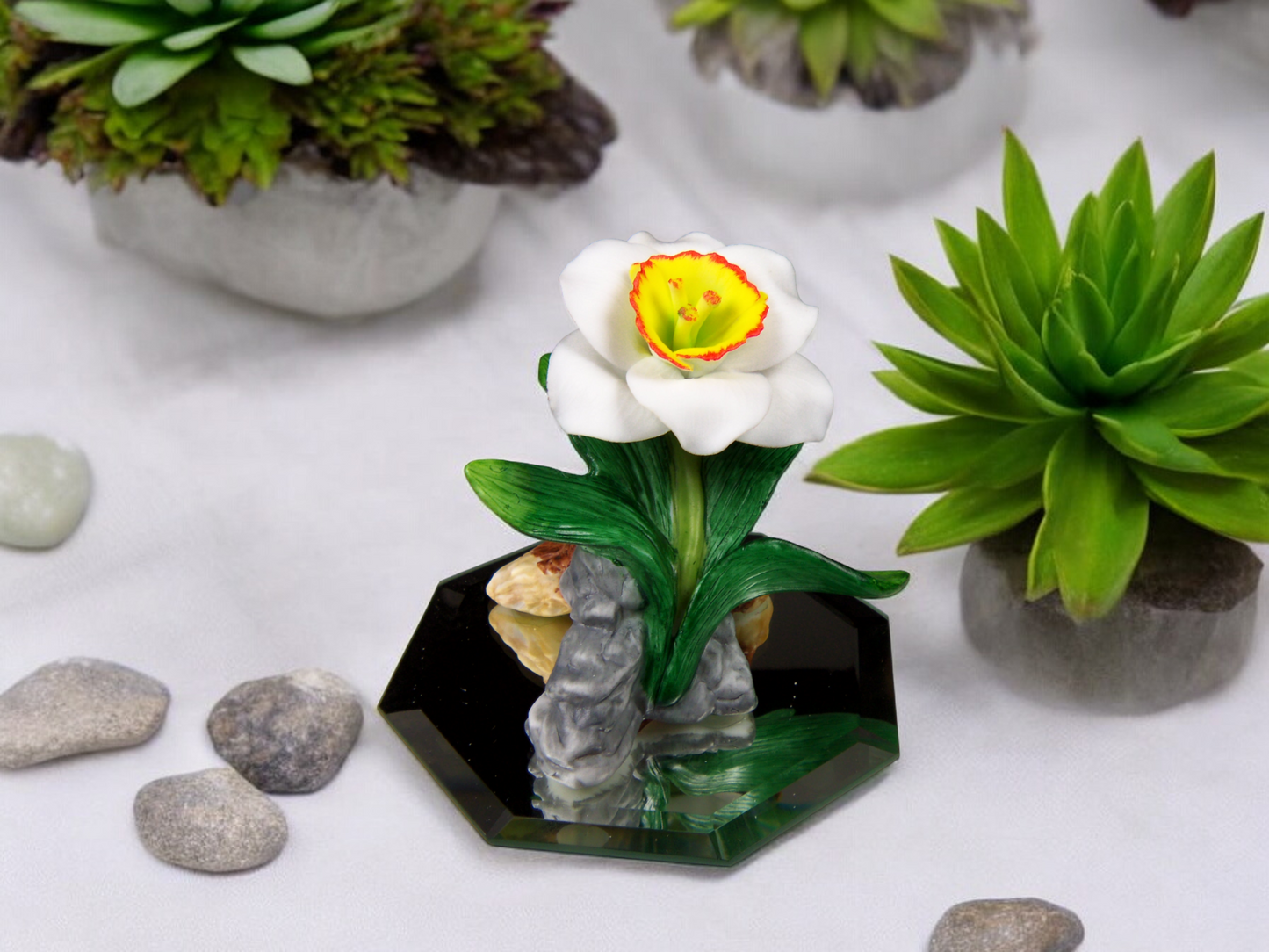 Ceramic Narcissus Flower on Glass Base Figurine Home Decor Gift for Her Gift for Mom - Figurine
