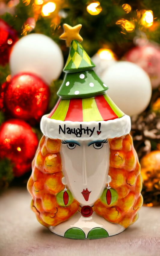 Ceramic Naughty or Nice 2-Sided Lady Cookie Jar Home Décor Gift for Her Gift for Mom Kitchen Décor Christmas Décor