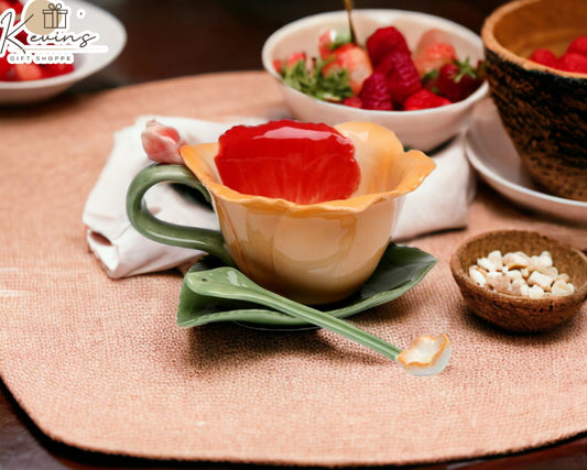 Ceramic Orchid Flower Cup and Saucer and Spoon-1 Set Gift for Her Gift for Mom Gift for Friend or Coworker Tea Party