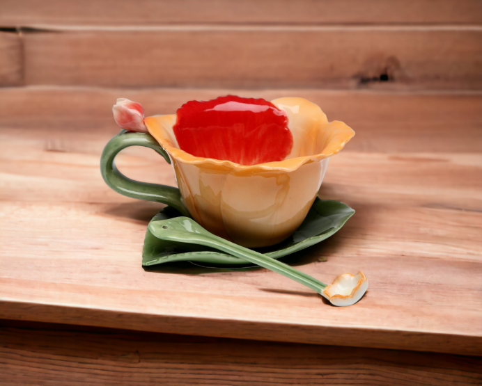 Ceramic Orchid Flower Cup and Saucer and Spoon-2 Sets Gift for Her Gift for Mom Gift for Friend or Coworker Tea Party