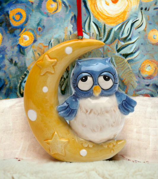 Ceramic Owl On The Moon Ornament Home Décor Gift for Her Gift for Mom Christmas Tree Décor Birdwatcher Gift - Holiday